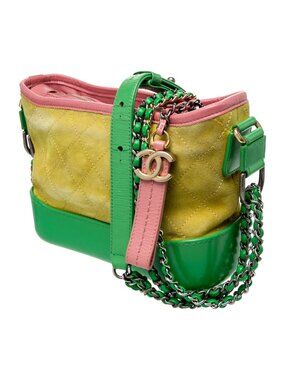 Authentic CHANEL Gabrielle Green Yellow Pink Shoulder Bag Suede Calfskin